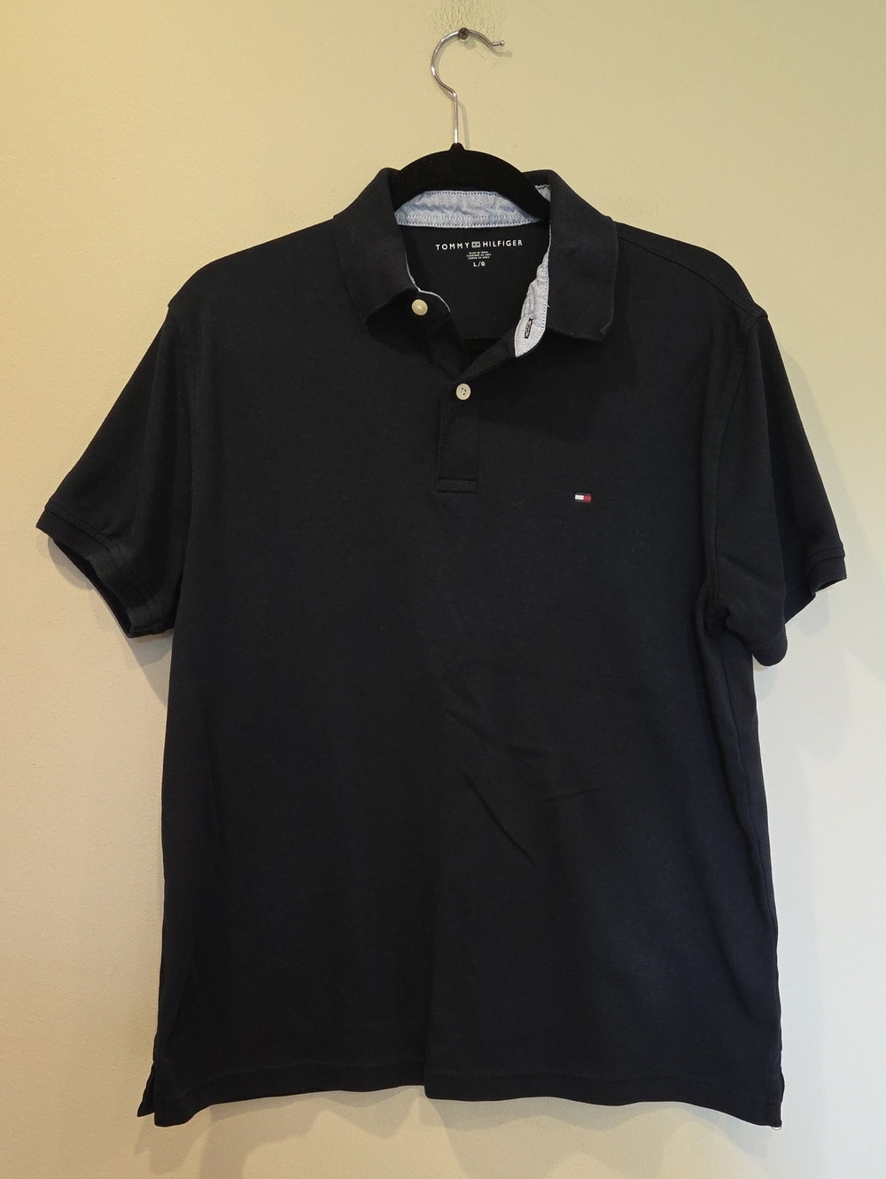 Tommy Hilfiger Mens Navy Blue Polo Shirt Flag Logo Under Collar Detail Size L